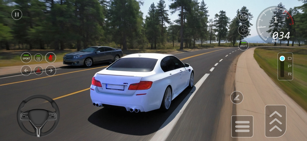 Car Driving 2026 : School Game - Captura de pantalla del juego que muestra un sedán blanco conduciendo por una carretera escénica con un volante y un HUD del tablero realistas