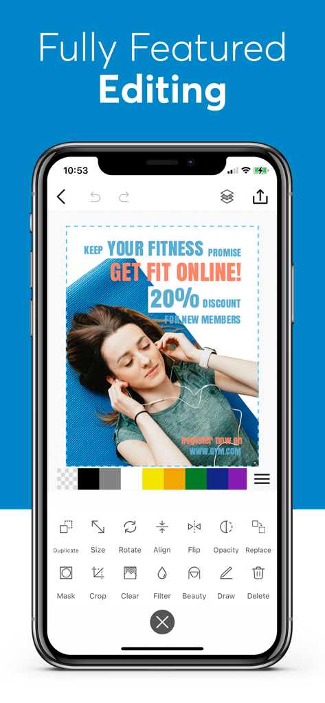 Phonto app interface displaying a fitness advertisement design with text overlay and editing options.