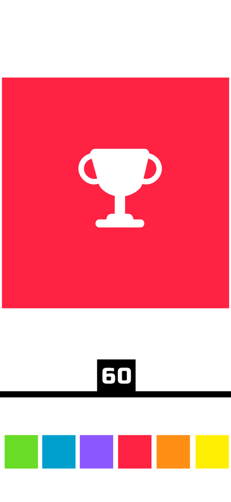 Una pantalla de victoria minimalista con un icono de trofeo blanco sobre un fondo rojo del juego de rompecabezas Flood it Chroma.