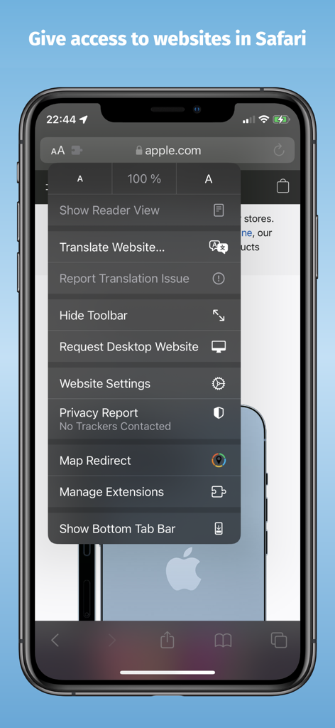 Captura de pantalla de iPhone que muestra la extensión Map Redirect listada en el menú del navegador Safari