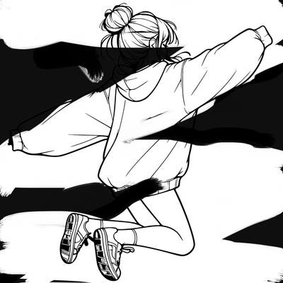 realistic girl jumping with a bun and oversized sweatshirt