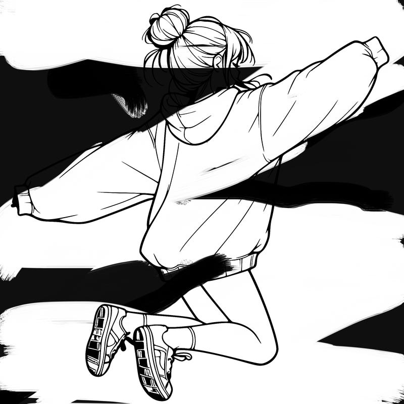 realistic girl jumping with a bun and oversized sweatshirt