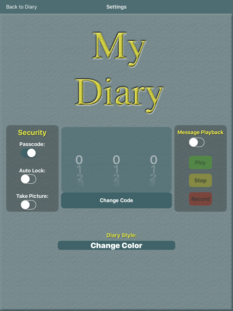 My Private Diary - My Private Diary settings screen with security passcode and style customization options