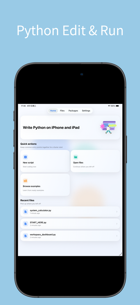 Python Code App - IDE & Editor - Pantalla de inicio de Python Code App con opciones de editor de scripts