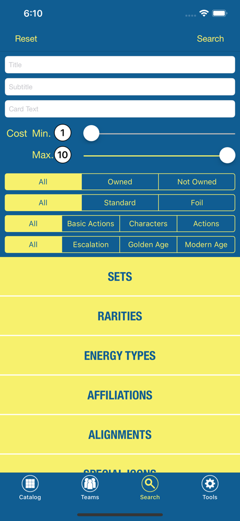 Sidekick for Dice Masters - Advanced search interface for Dice Masters cards with filters for cost rarity energy types and affiliations