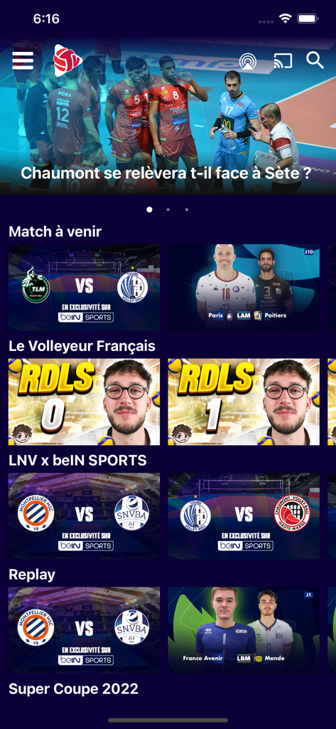 Interfaz de la aplicación móvil LNVtv que muestra categorías de partidos de voleibol y próximos juegos