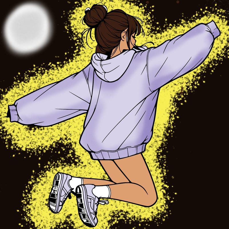 realistic girl jumping with a bun and oversized sweatshirt