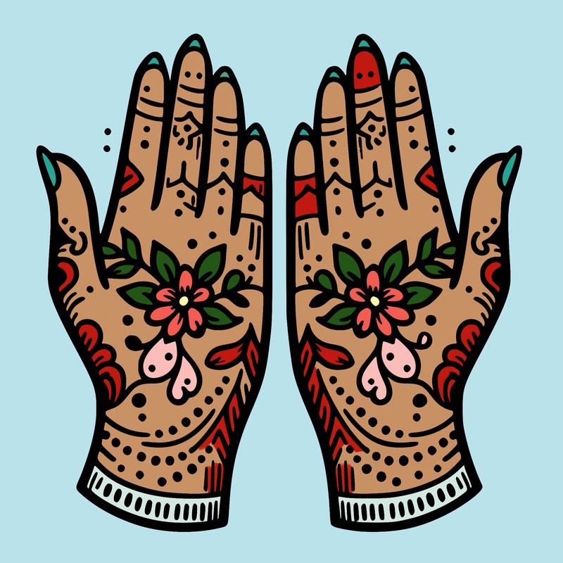 hands with henna design that can be colored in