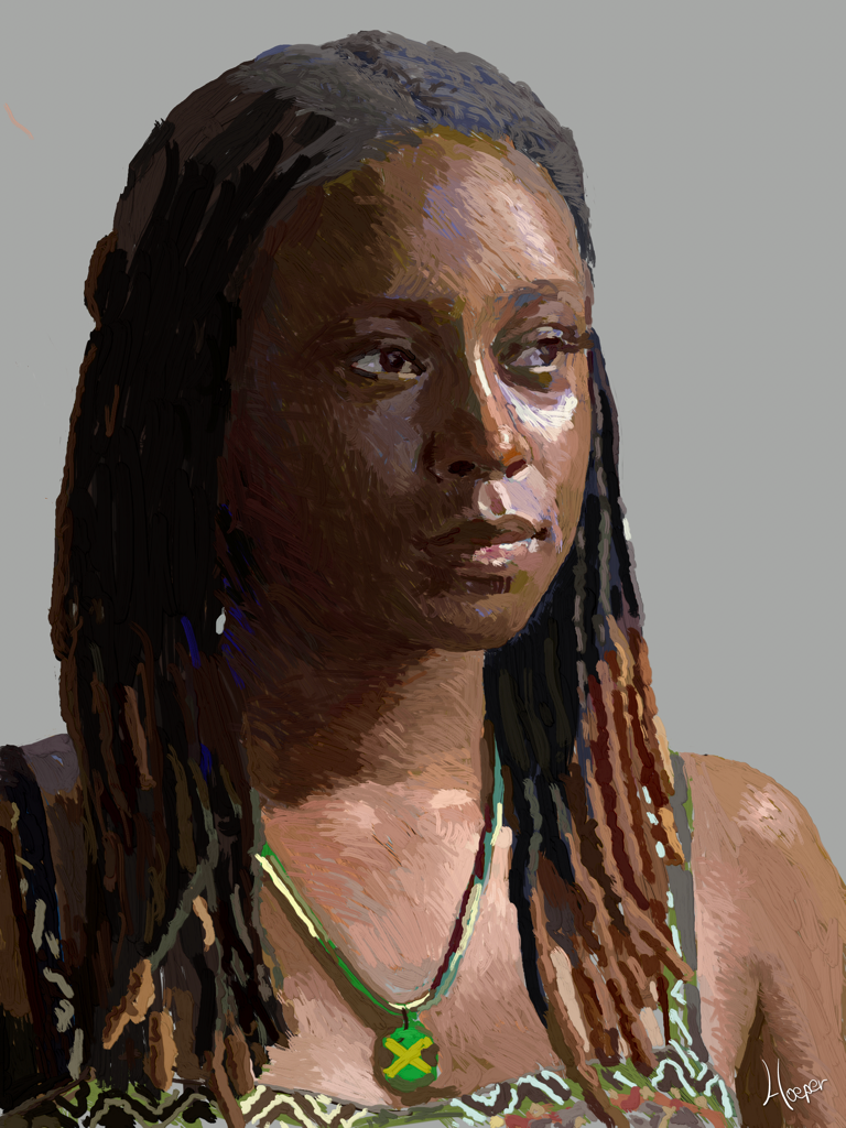 Un retrato digital detallado de una mujer con rastas y un collar creado con MyArtTools.