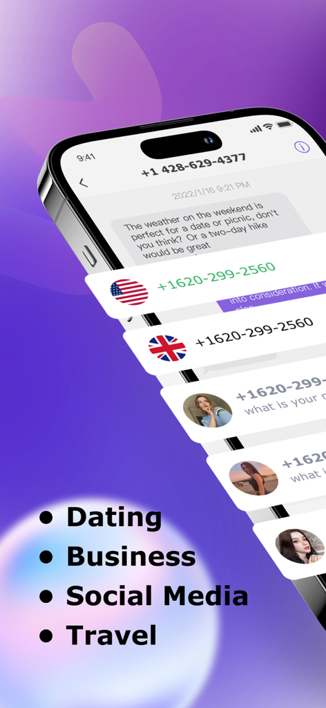 Screenshot of Text Number app highlighting second phone number use cases for dating business social media and travel