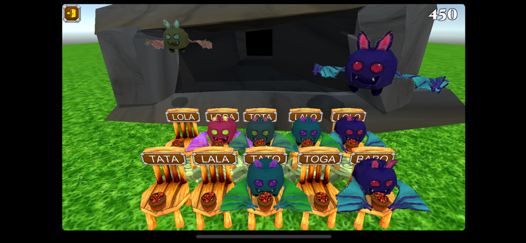 Cuca - クカアプリの教育画面。文字の練習のために、椅子の上に単語タグが付いたバットキャラクターが表示されています。