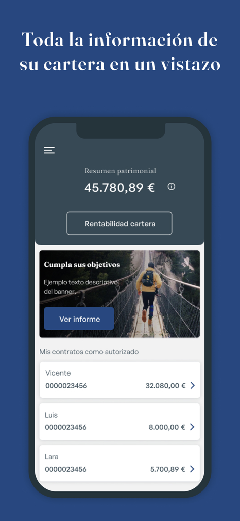 Panel de la aplicación móvil de gestión de patrimonio Tressis que muestra el resumen de la cartera y los saldos de las cuentas.