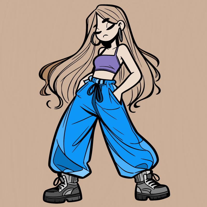 girl in baggy pants crop top and long hair