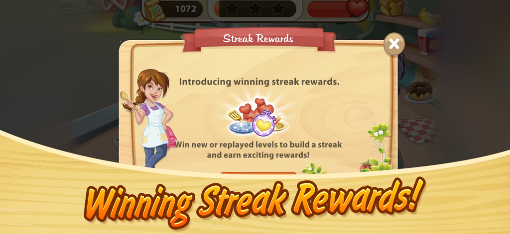 Kitchen Scramble: Cooking Game - A popup in the Kitchen Scramble app introducing Winning Streak Rewards featuring Chef Pepper and various game boosters
