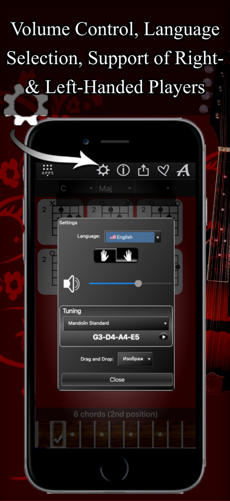 Mandolin Chords Compass - Schermata delle impostazioni di Bussola Accordi Mandolino con opzioni per volume, lingua e musicisti mancini
