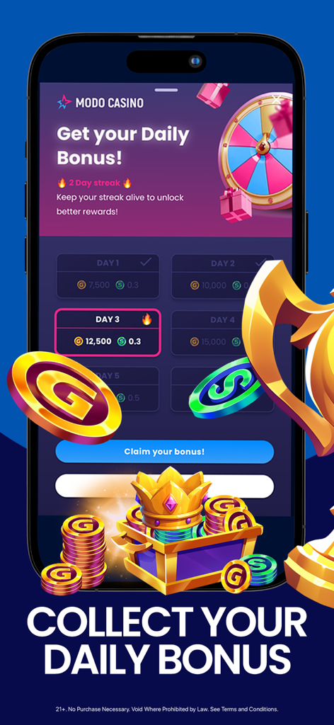 Modo Social Casino Slots - La pantalla de la aplicación móvil Modo Social Casino que muestra el registro de inicio de sesión de recompensas diarias y monedas de bonificación.