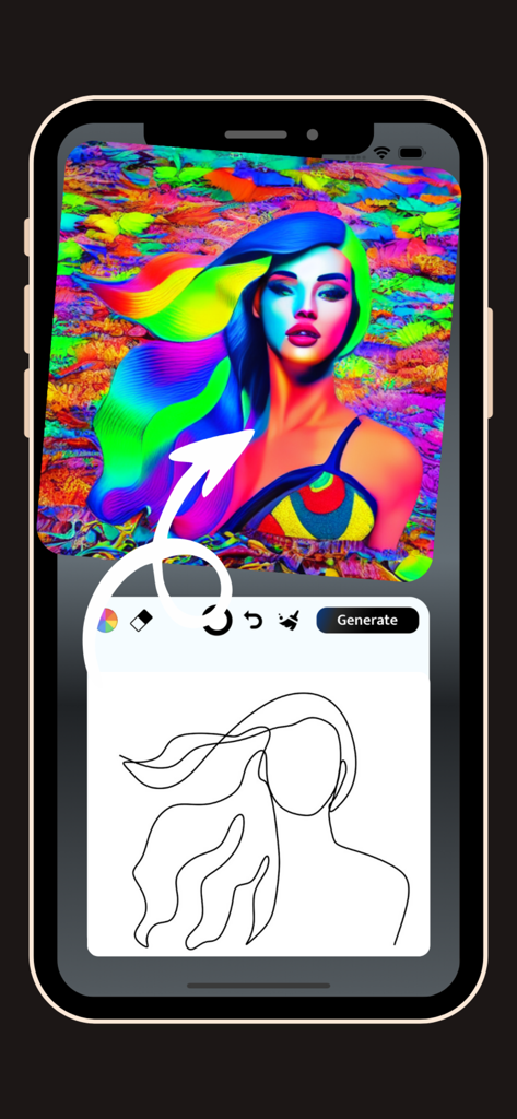 AI Magic Live Sketch: Fast Art - Smartphone display showing a simple line sketch converted into a colorful AI art masterpiece