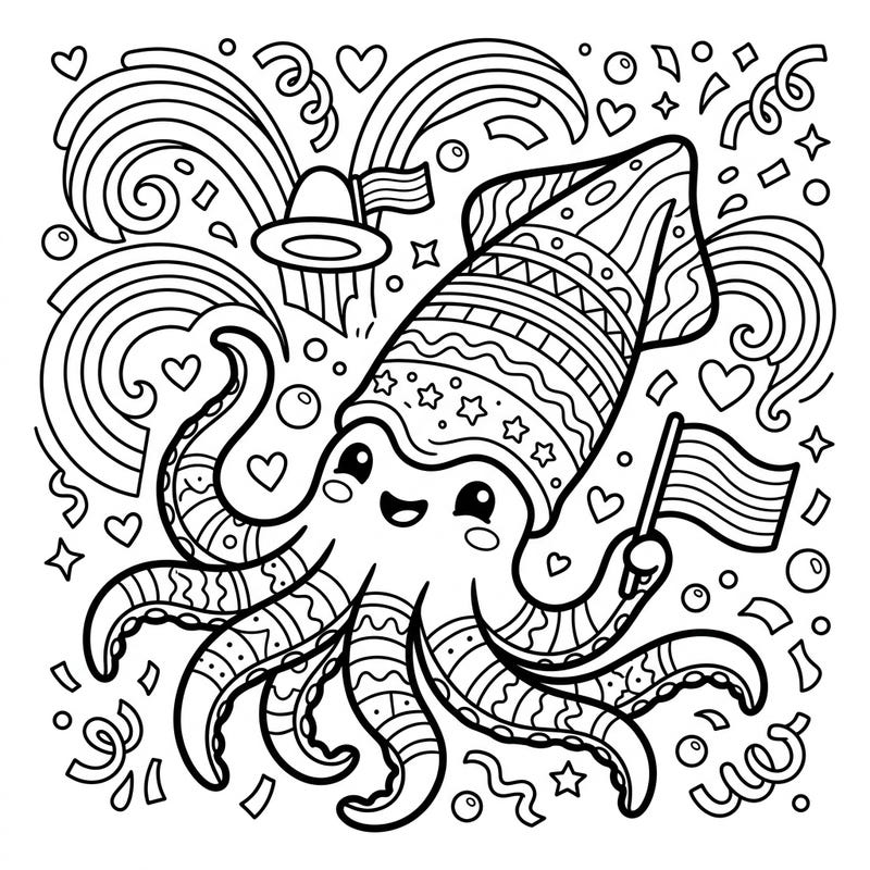 Get ready to celebrate with this charming European Squid coloring page, perfect for Pride Month! Adorned with festive patterns and holding a rainbow flag, this design brings joy and diversity to your artistic journey.