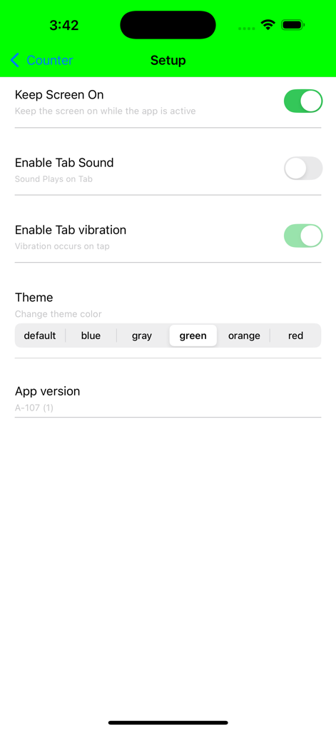 Tap Counter(Simple & Multiple) - Schermata di configurazione dell'app Tap Counter che mostra le opzioni di configurazione per feedback e temi