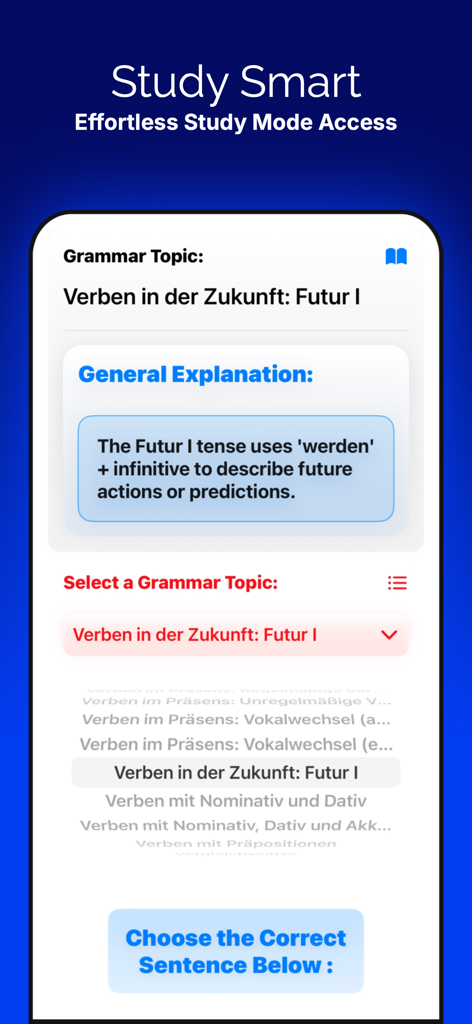 German Grammar B1 - German Grammar B1 study mode screen showing Futur I explanation and topic menu