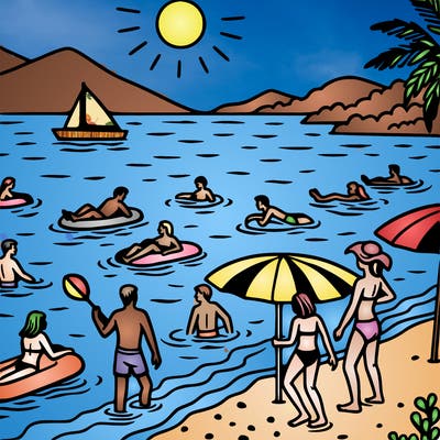 people on the beach swimming