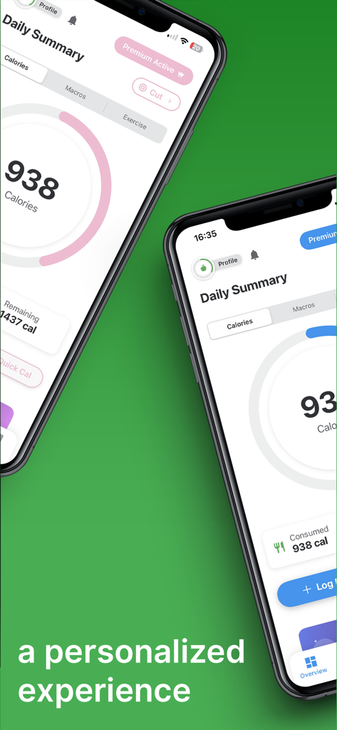 Interfaz de resumen diario de la aplicación ChowTracker que muestra el seguimiento de calorías y macros