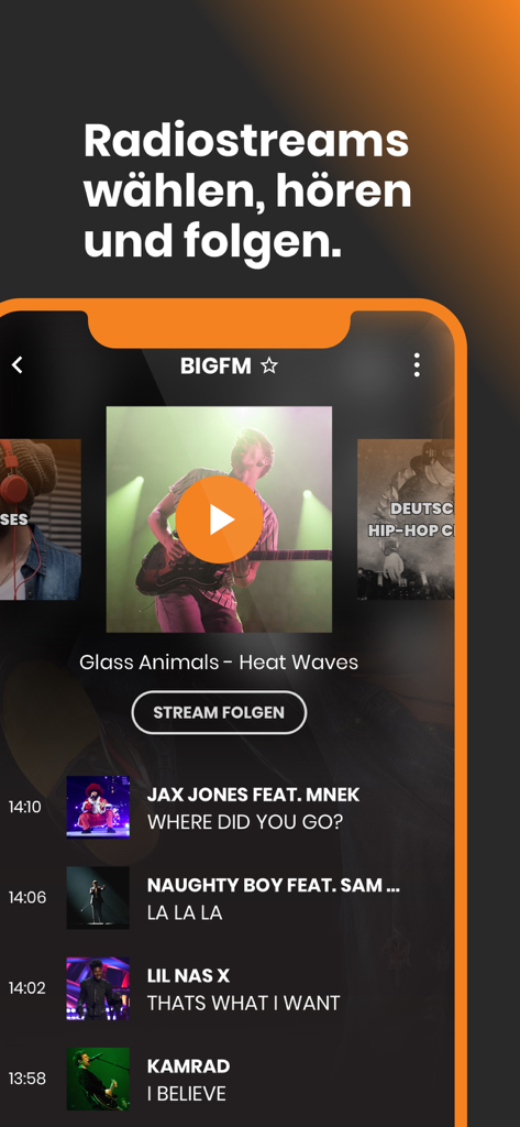 bigFM Radio - Interfaccia dell'app bigFM Radio che mostra un lettore musicale e un elenco di brani riprodotti di recente