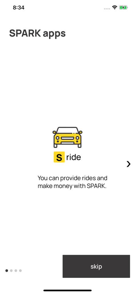SPARK driver - SPARK driver app onboarding screen explaining how to provide rides and earn income with a yellow car icon.