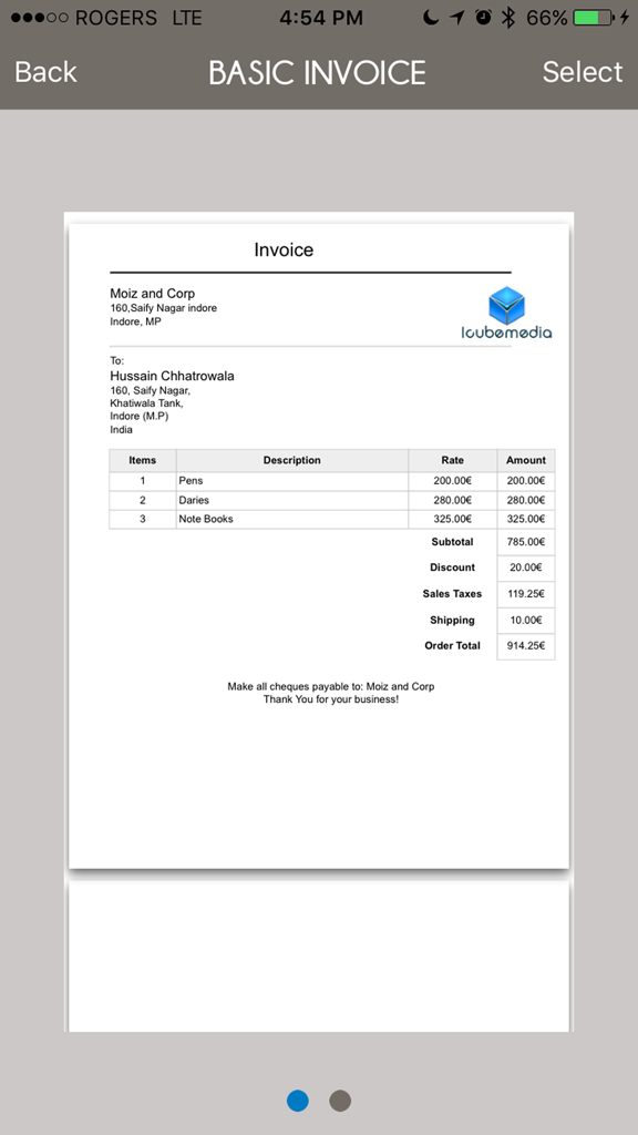 Invoice Mini: Create Invoices and Purchase Orders - iPhoneのInvoice Miniアプリ内で作成されたプロフェッショナルなPDF請求書のプレビュー