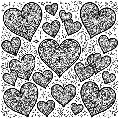 Dive into a world of shimmer and intricate patterns with this delightful glitter hearts coloring page. Each heart is adorned with unique designs, promising hours of creative relaxation for all ages.