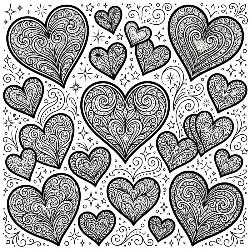 Dive into a world of shimmer and intricate patterns with this delightful glitter hearts coloring page. Each heart is adorned with unique designs, promising hours of creative relaxation for all ages.