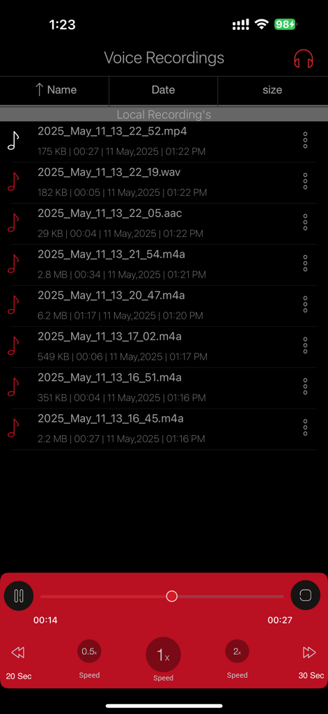 HD Recorder Pro : Voice Editor - A list of voice recordings in different file formats with playback and speed controls in the HD Recorder Pro app.