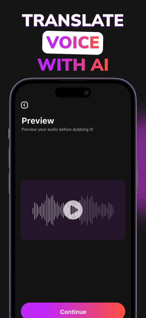 Dubbing AI Video Translator - Dubbing AI App-Vorschau-Bildschirm, der eine Audio-Wellenform für die Sprachübersetzung anzeigt