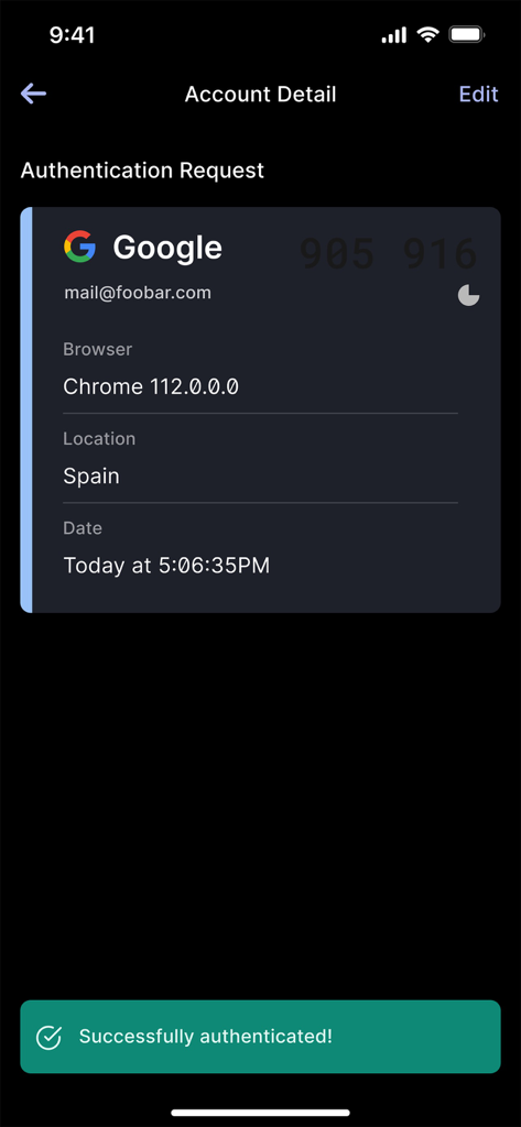 Auth0 Guardian - Auth0 Guardian app interface showing a successfully authenticated login request with account and location details