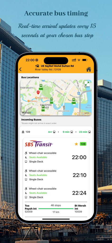Pantalla de la aplicación Transport SG mostrando ubicaciones de autobuses en tiempo real y horarios de llegada precisos en Singapur.
