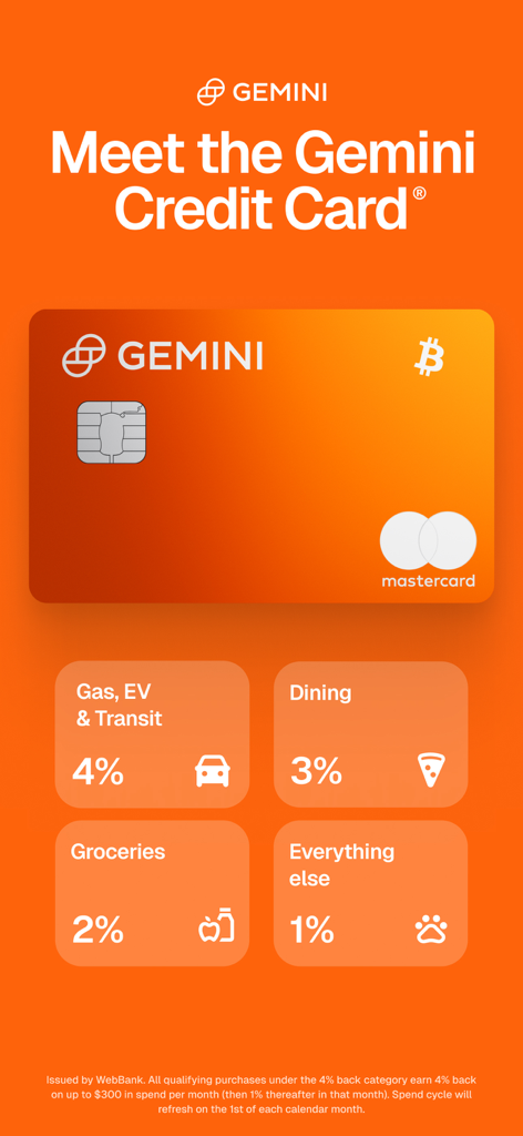 Tarjeta de Crédito Gemini mostrando recompensas de criptomonedas del cuatro por ciento en gasolina, tres por ciento en restaurantes y dos por ciento en comestibles