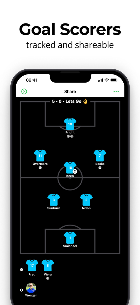 Tela de smartphone mostrando uma escalação de futebol com artilheiros e resultado da partida exibidos em um campo