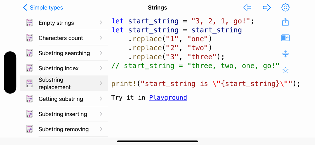Rust Recipes - Rust Recipes app interface showing a code snippet for substring replacement in the Rust programming language