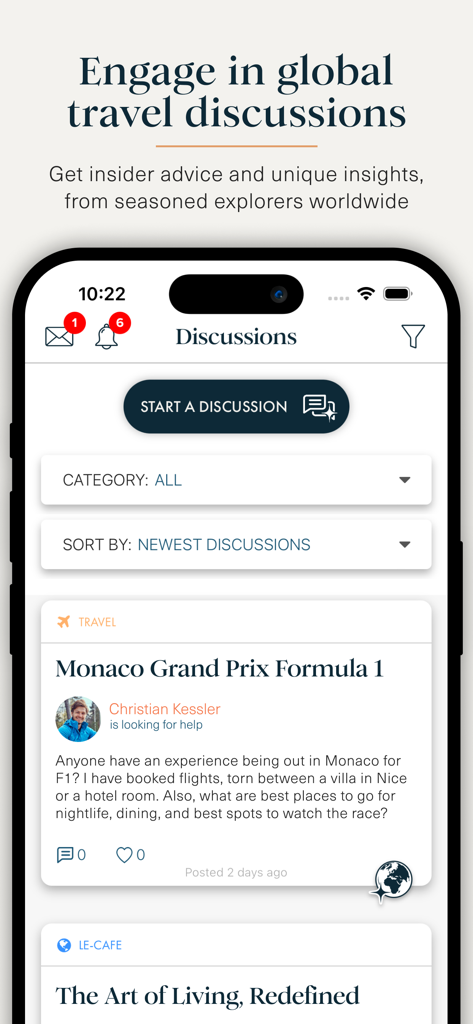 ASMALLWORLD - ASMALLWORLD app interface showing exclusive member discussions for global travel and luxury lifestyle