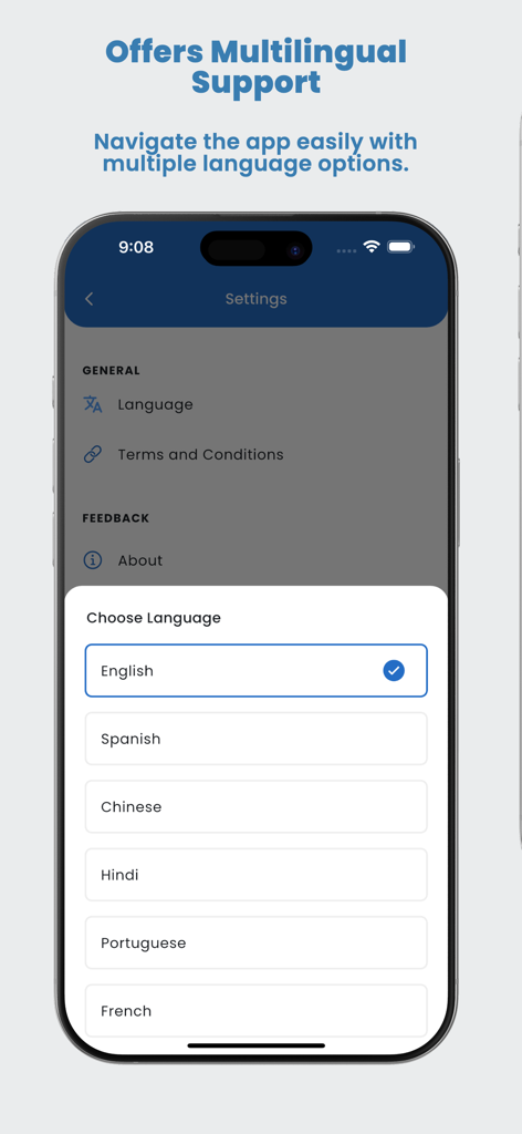 FreePhone.io: Temporary Number - Captura de pantalla de la configuración de FreePhone.io mostrando el menú de selección de idioma con opciones para inglés, español, chino y más.
