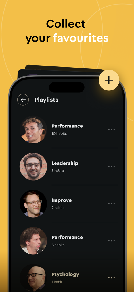 High Performance App - High Performance App interface showing curated habit playlists for performance leadership and psychology with photos of experts