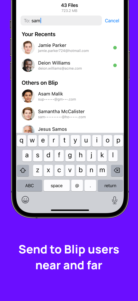Blip: Send Files in a Click - Interface de l'application Blip montrant un écran de sélection de contact pour envoyer des fichiers à des utilisateurs proches et éloignés.