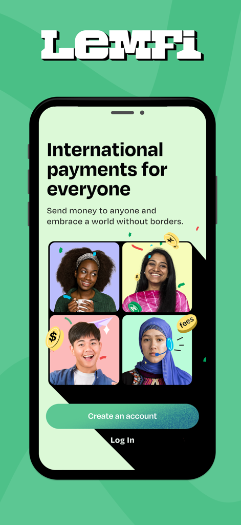 LemFi app interface for international money transfers featuring diverse users