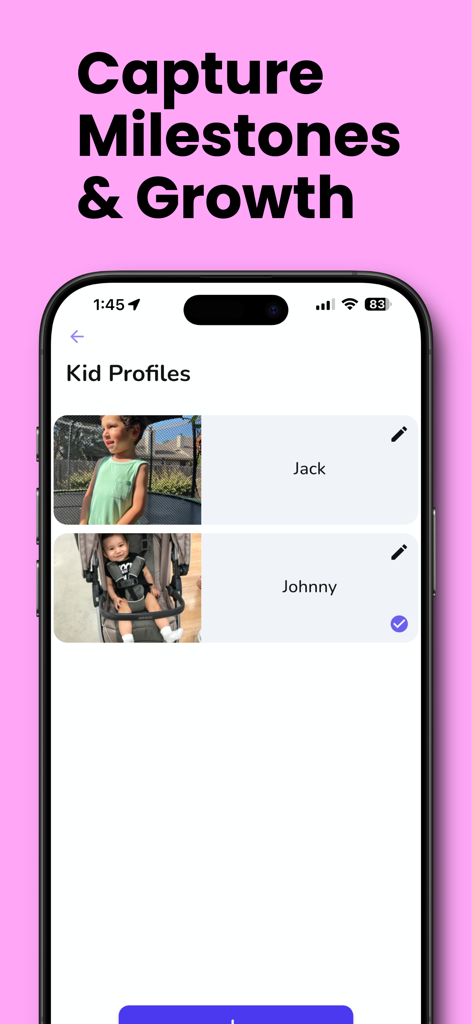 KidVitals: Fever Tracker - Pantalla de la aplicación KidVitals que muestra perfiles de varios niños para rastrear hitos de salud y crecimiento.