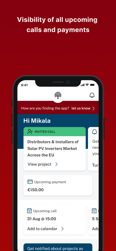 Painel do aplicativo móvel Atheneum Hub mostrando uma visão geral das próximas chamadas de consultoria e status de pagamento para especialistas
