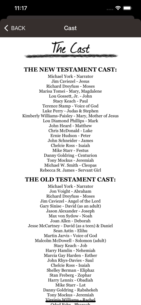 A screen showing the famous actors and cast members for the New and Old Testament audio Bible