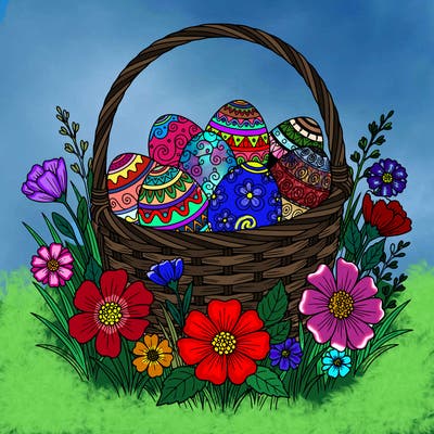 eggs with designs in a basket, on a meadow with flowers