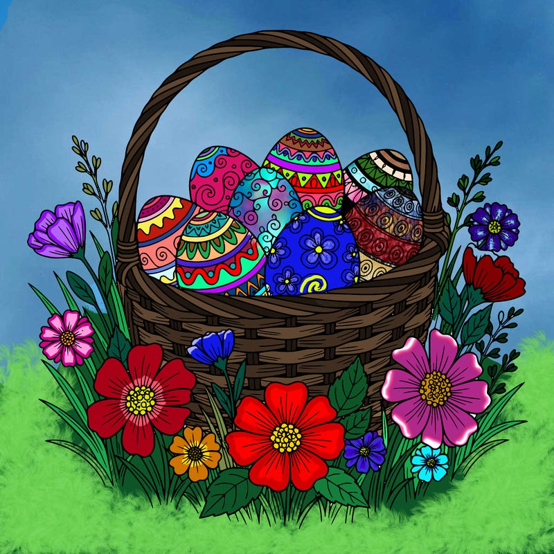 eggs with designs in a basket, on a meadow with flowers