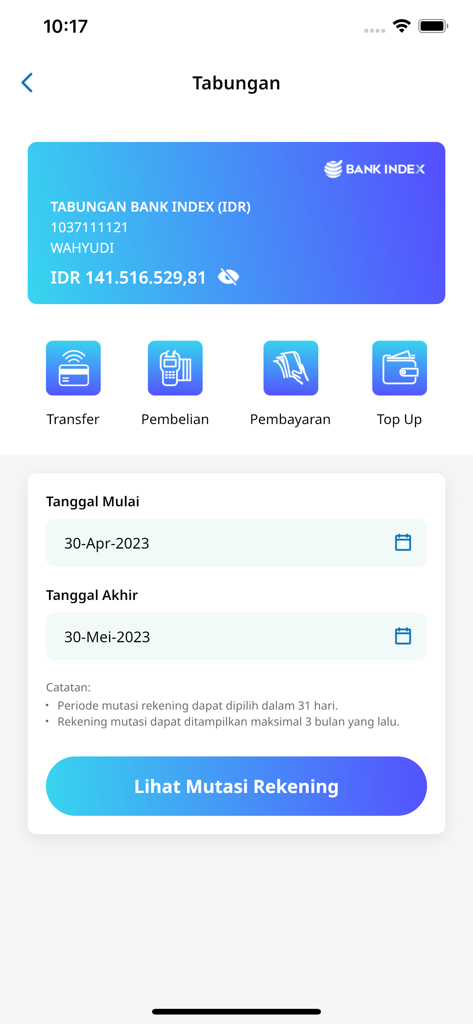 INDEXQU - INDEXQU Mobile Banking App Bildschirm mit Anzeige des Sparguthabens und Antrag auf Transaktionsverlauf.