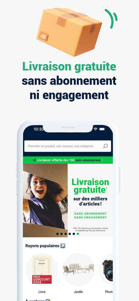 Schermata dell'app Rue Du Commerce che evidenzia la spedizione gratuita senza abbonamento su una varietà di prodotti tecnologici e per la casa